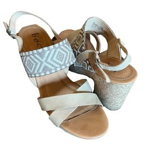 BOC Woman’s Size 8 Tan & White Aztec Boho Slingback Block Cork Heel Sandals